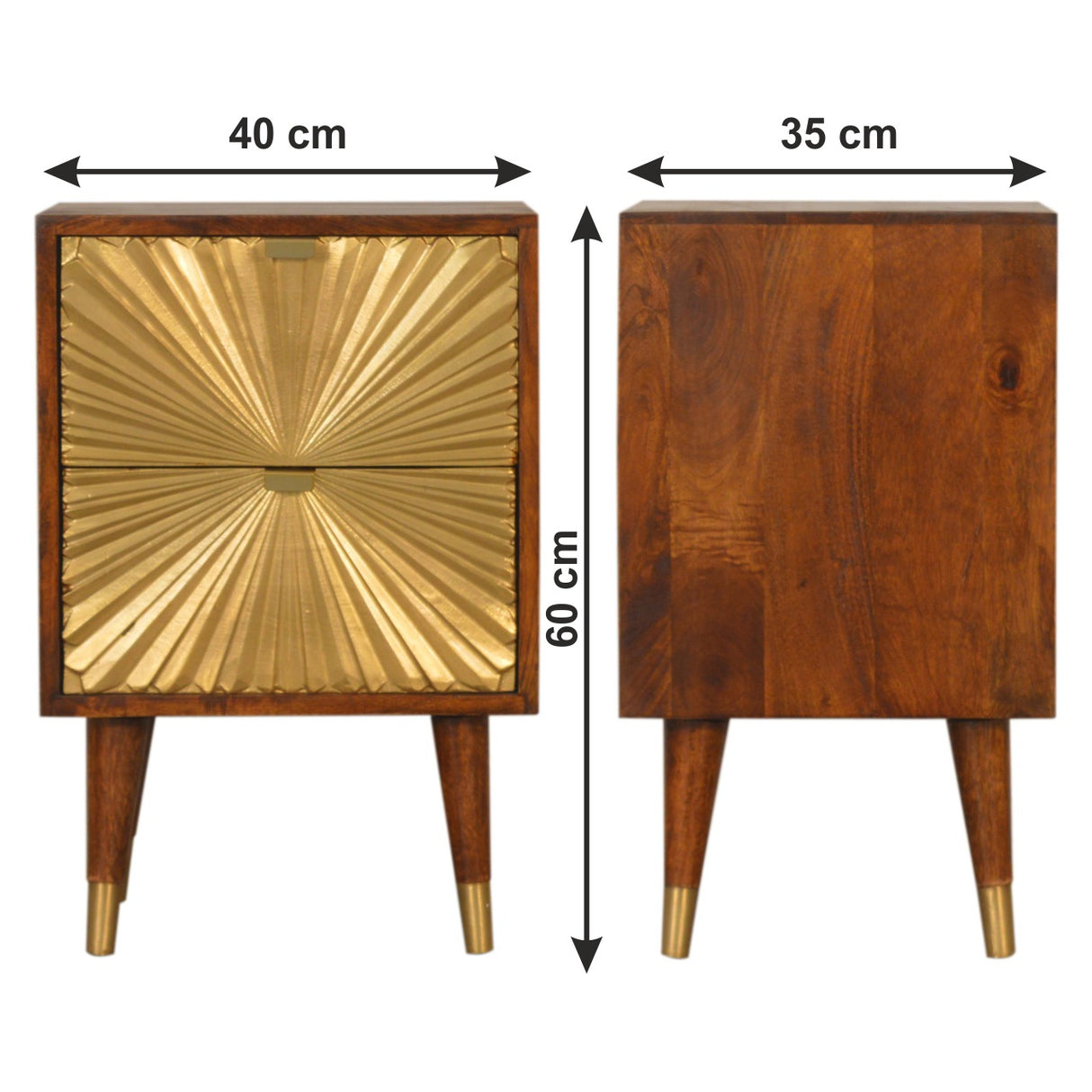 Solid Mango Wood Bedside Cabinet With 2 Gold Front Drawers - Manila