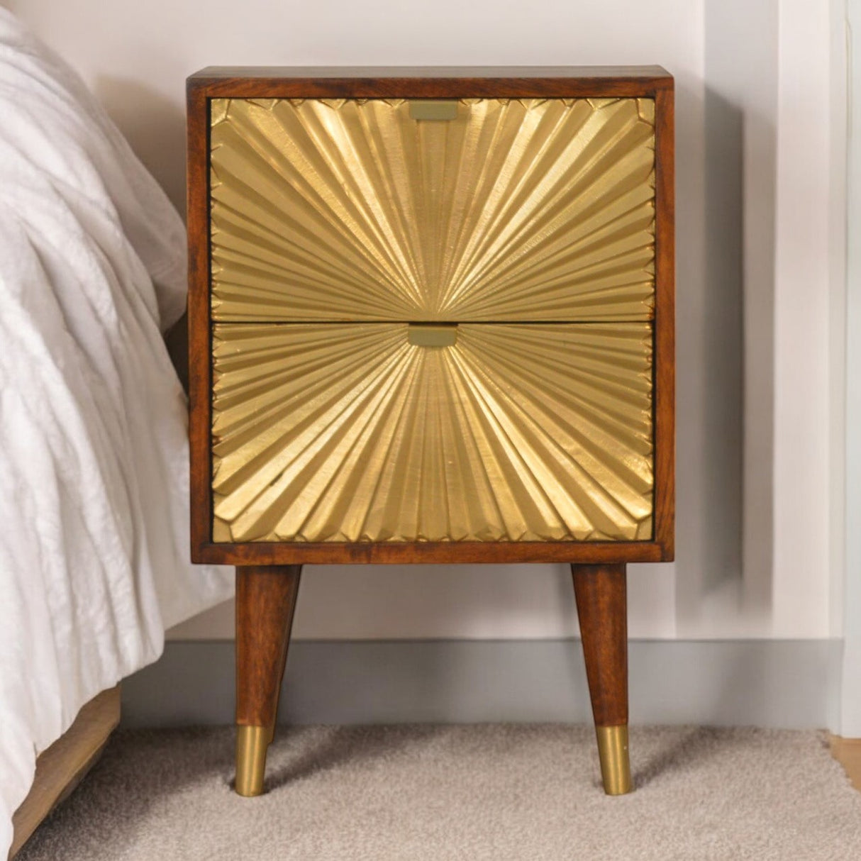 Solid Mango Wood Bedside Cabinet With 2 Gold Front Drawers - Manila