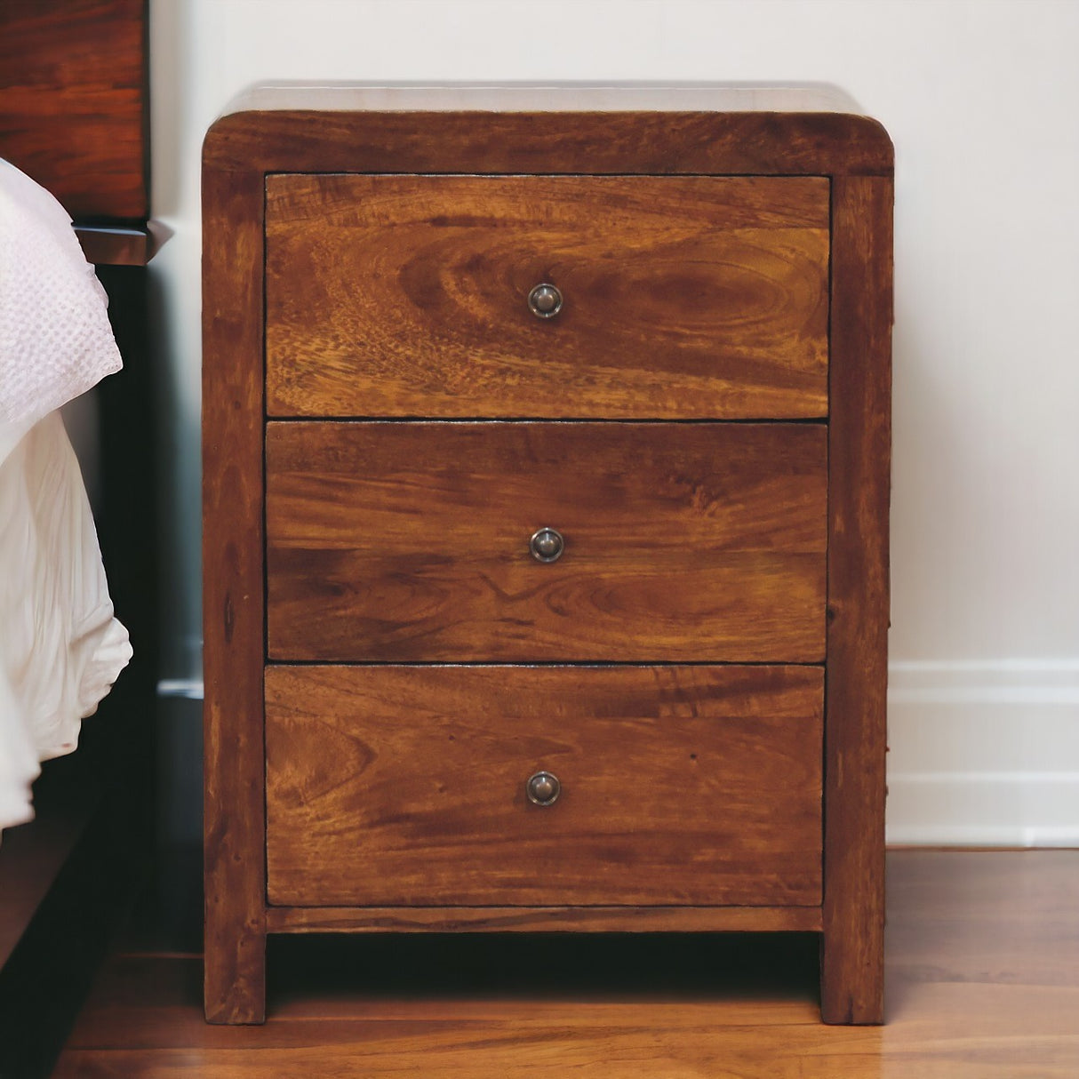Solid Mango Wood Bedside Cabinet With 3 Drawers - Aspen