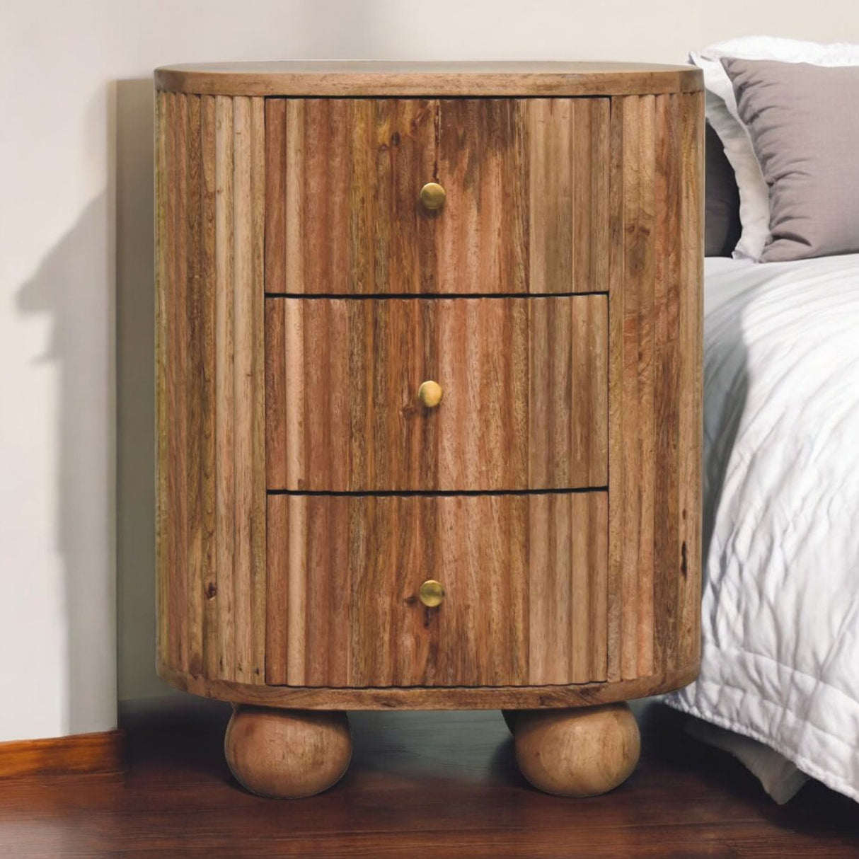Solid Mango Wood Bedside Cabinet Ball With 3 Drawers - Soba