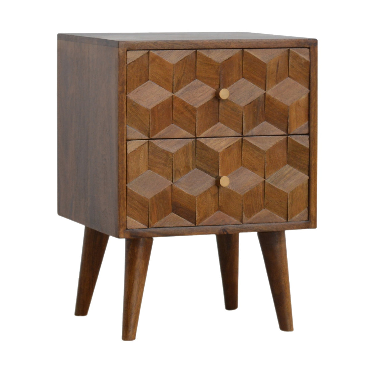 Solid Mango Wood Bedside Cabinet Carved Cube Shaped - Birmingham