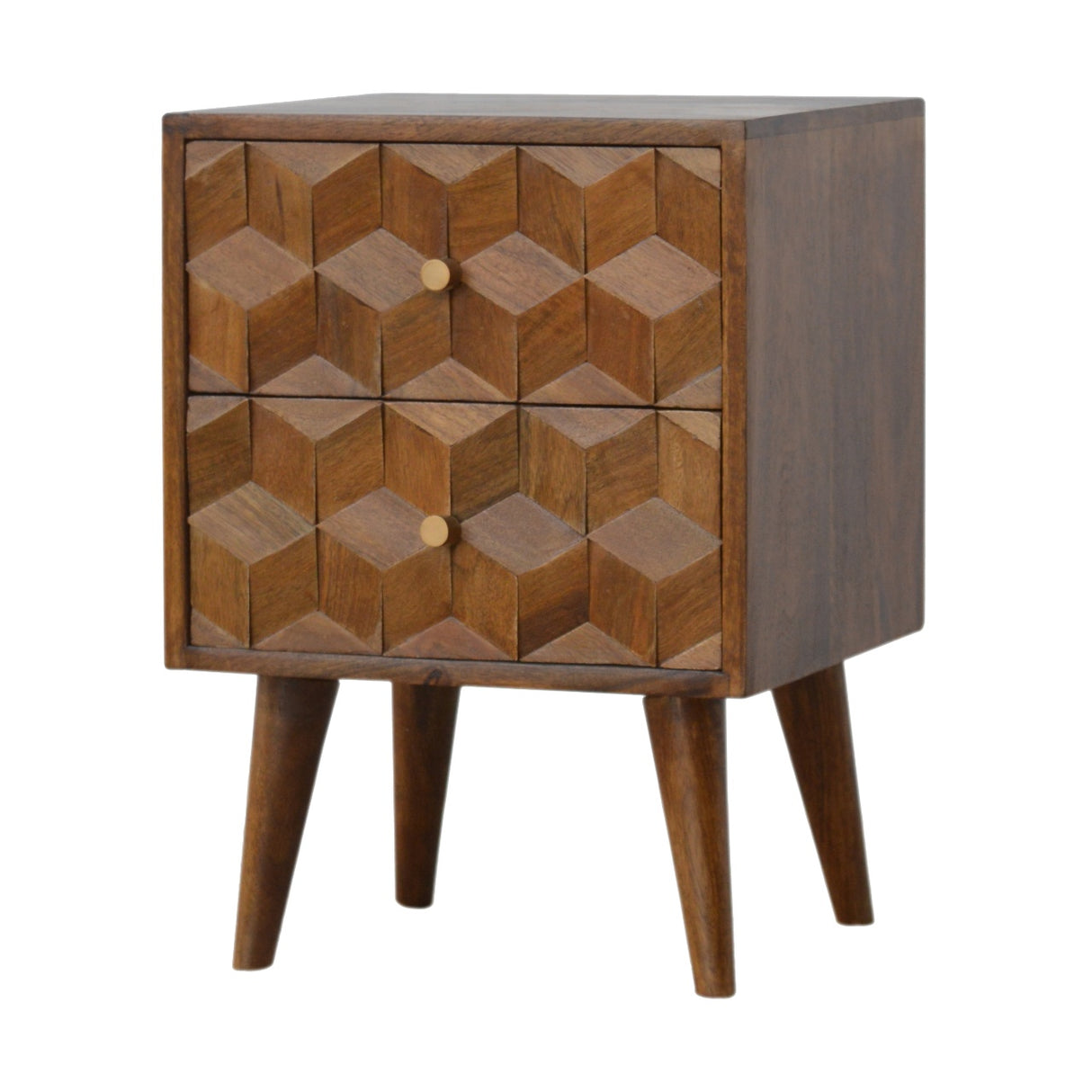 Solid Mango Wood Bedside Cabinet Carved Cube Shaped - Birmingham