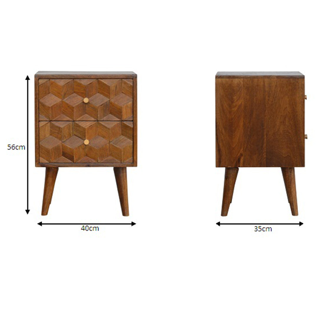 Solid Mango Wood Bedside Cabinet Carved Cube Shaped - Birmingham