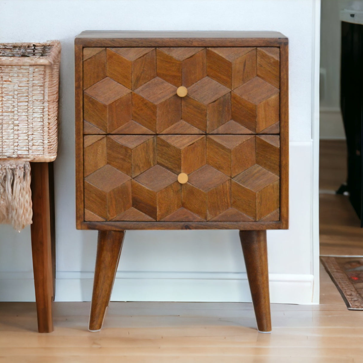 Solid Mango Wood Bedside Cabinet Carved Cube Shaped - Birmingham