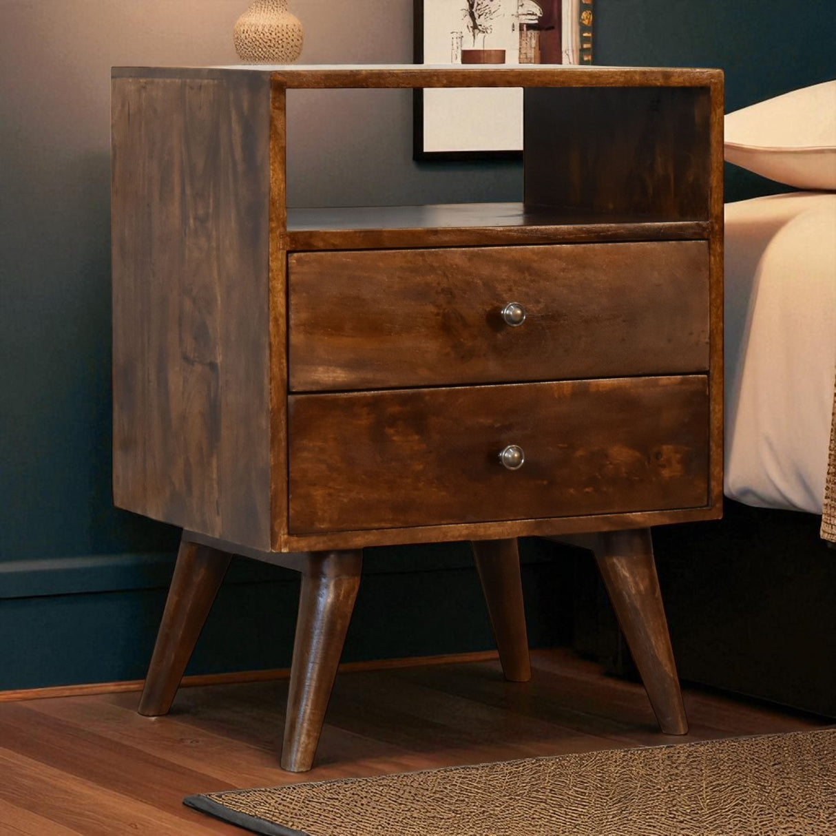 Solid Mango Wood Bedside Cabinet Classic With 2 Drawers - Derby