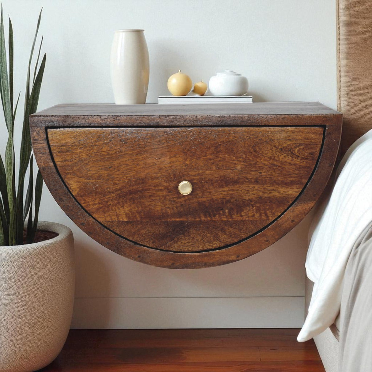 Solid Mango Wood Bedside Cabinet Crescent And Floating - Birmingham