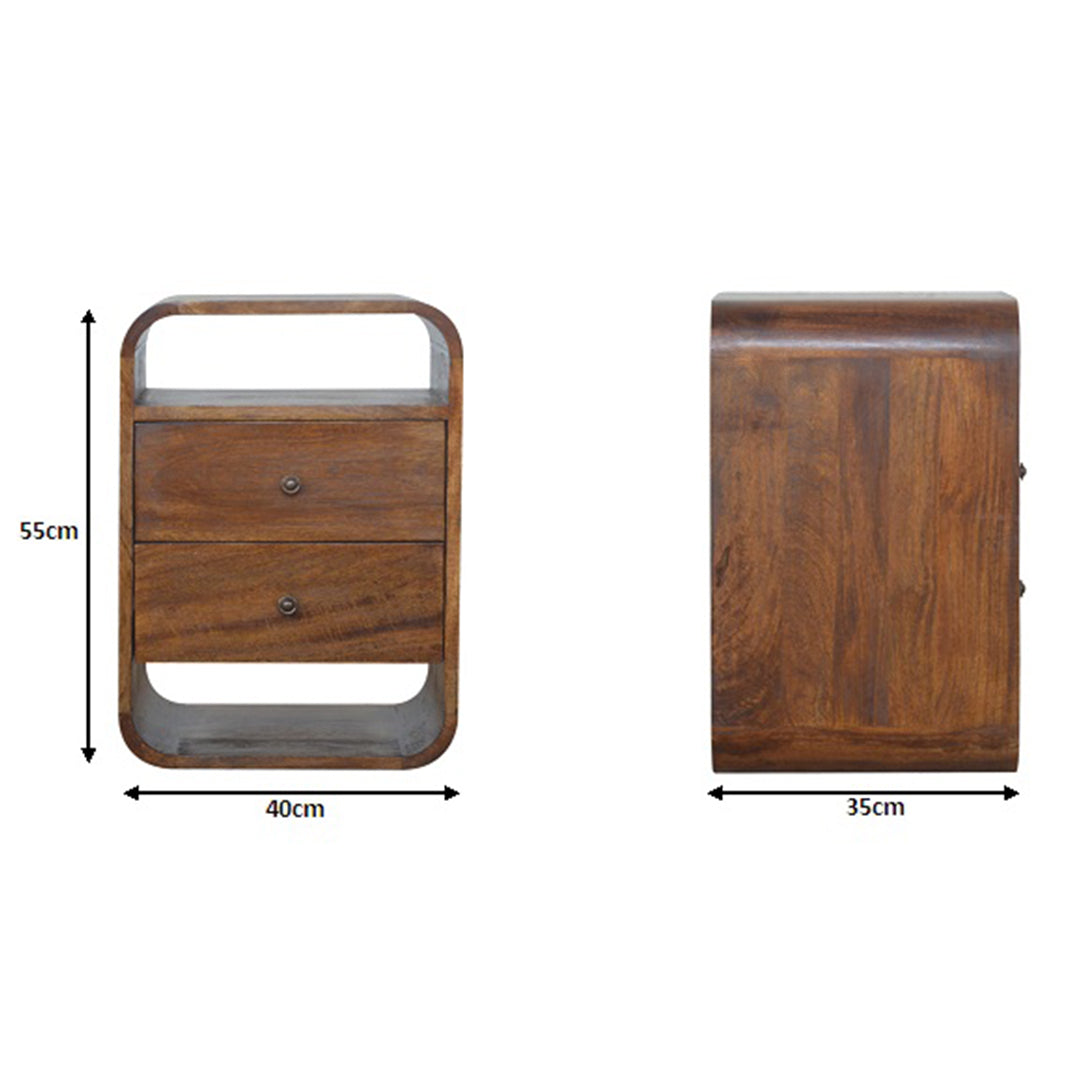 Solid Mango Wood Bedside Cabinet Curve With 2 Drawers - Birmingham