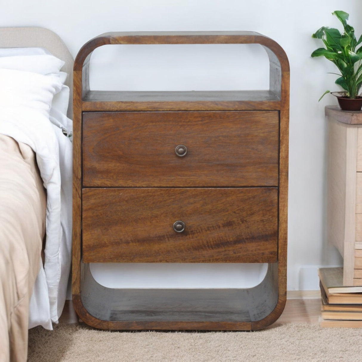 Solid Mango Wood Bedside Cabinet Curve With 2 Drawers - Birmingham