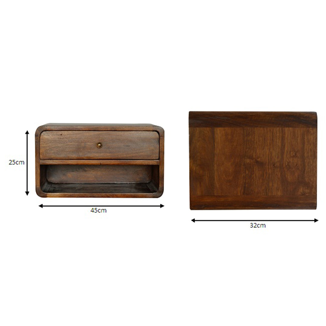 Solid Mango Wood Bedside Cabinet Curve Floating With 1 Drawer - Birmingham