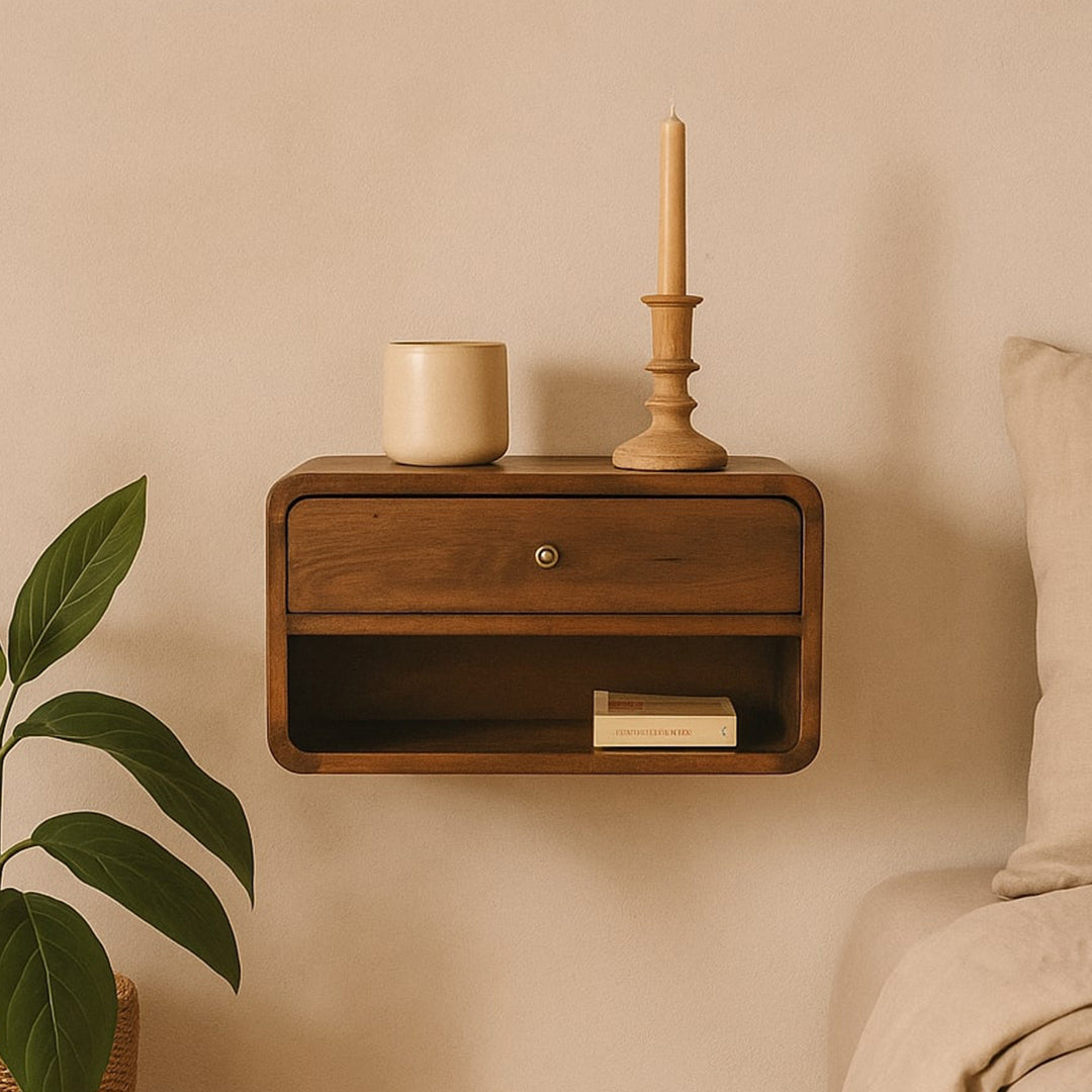 Solid Mango Wood Bedside Cabinet Curve Floating With 1 Drawer - Birmingham