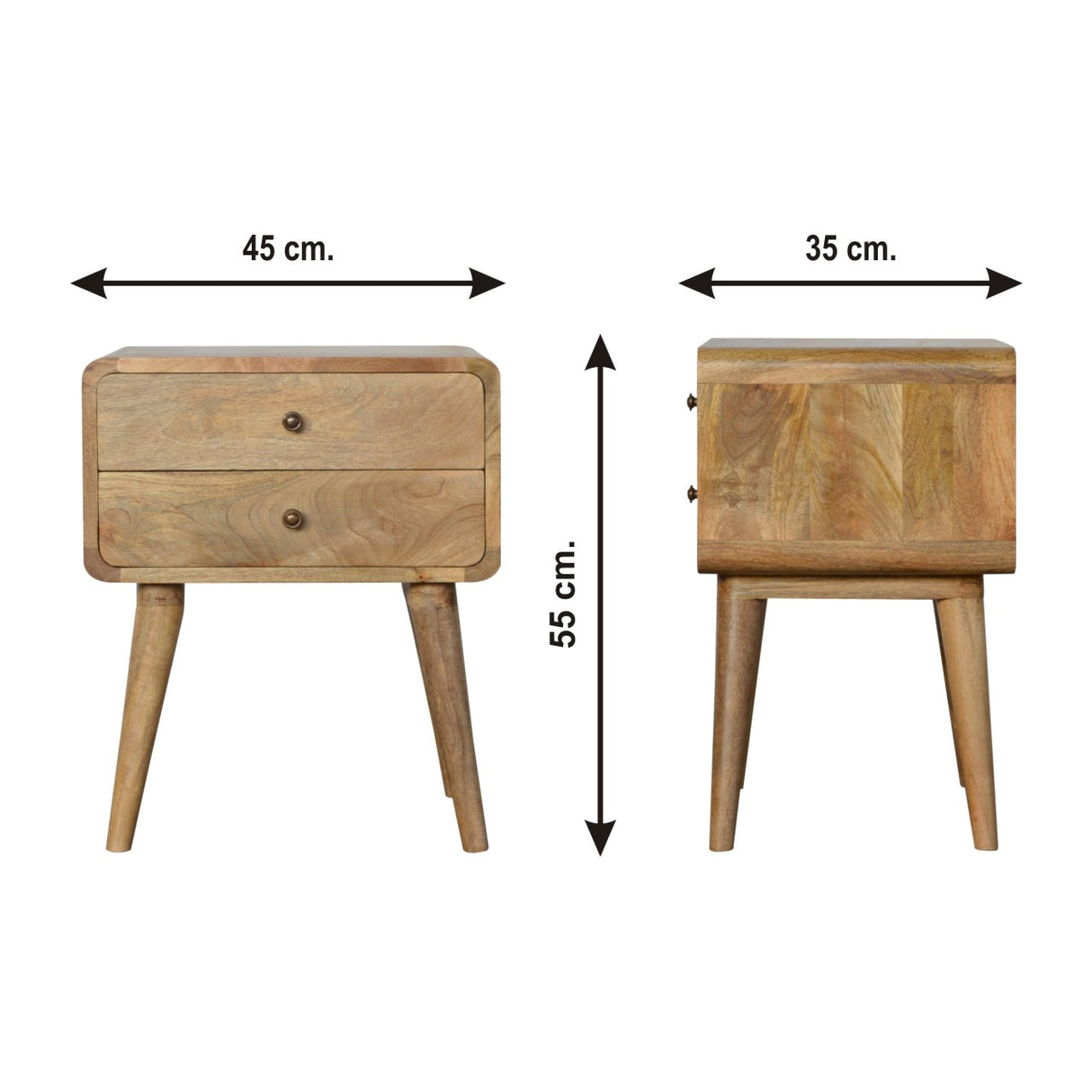 Solid Mango Wood Bedside Cabinet Curved With 2 Drawers - Coventry