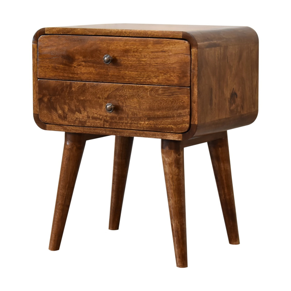Solid Mango Wood Bedside Cabinet Curved With 2 Drawers - Gloucester