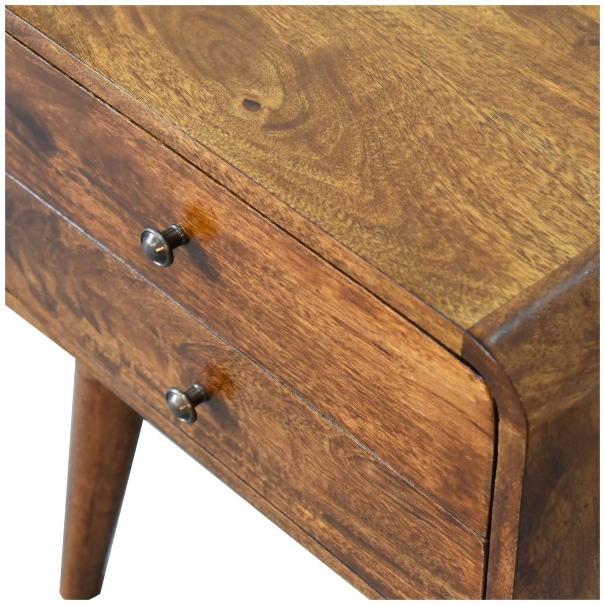 Solid Mango Wood Bedside Cabinet Curved With 2 Drawers - Gloucester