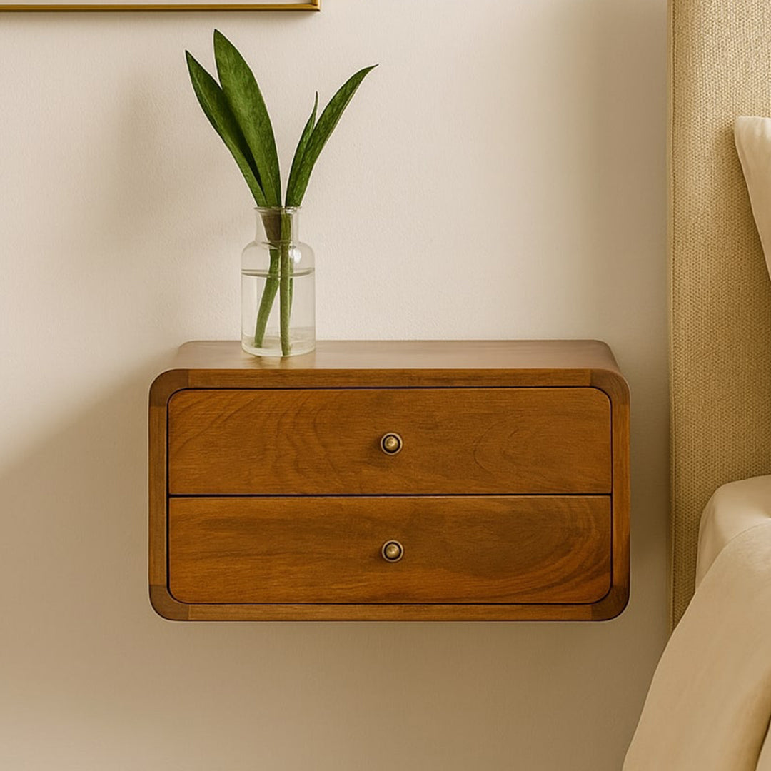 Solid Mango Wood Bedside Cabinet Curved With 2 Drawers - Hereford