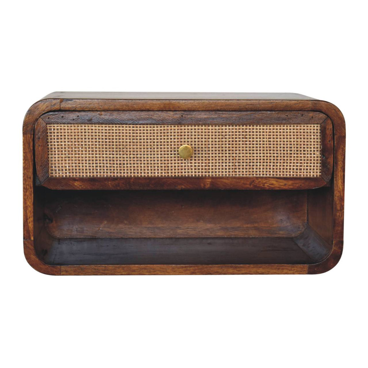 Solid Mango Wood Bedside Cabinet Floating With 1 Woven Front Drawer - Birmingham