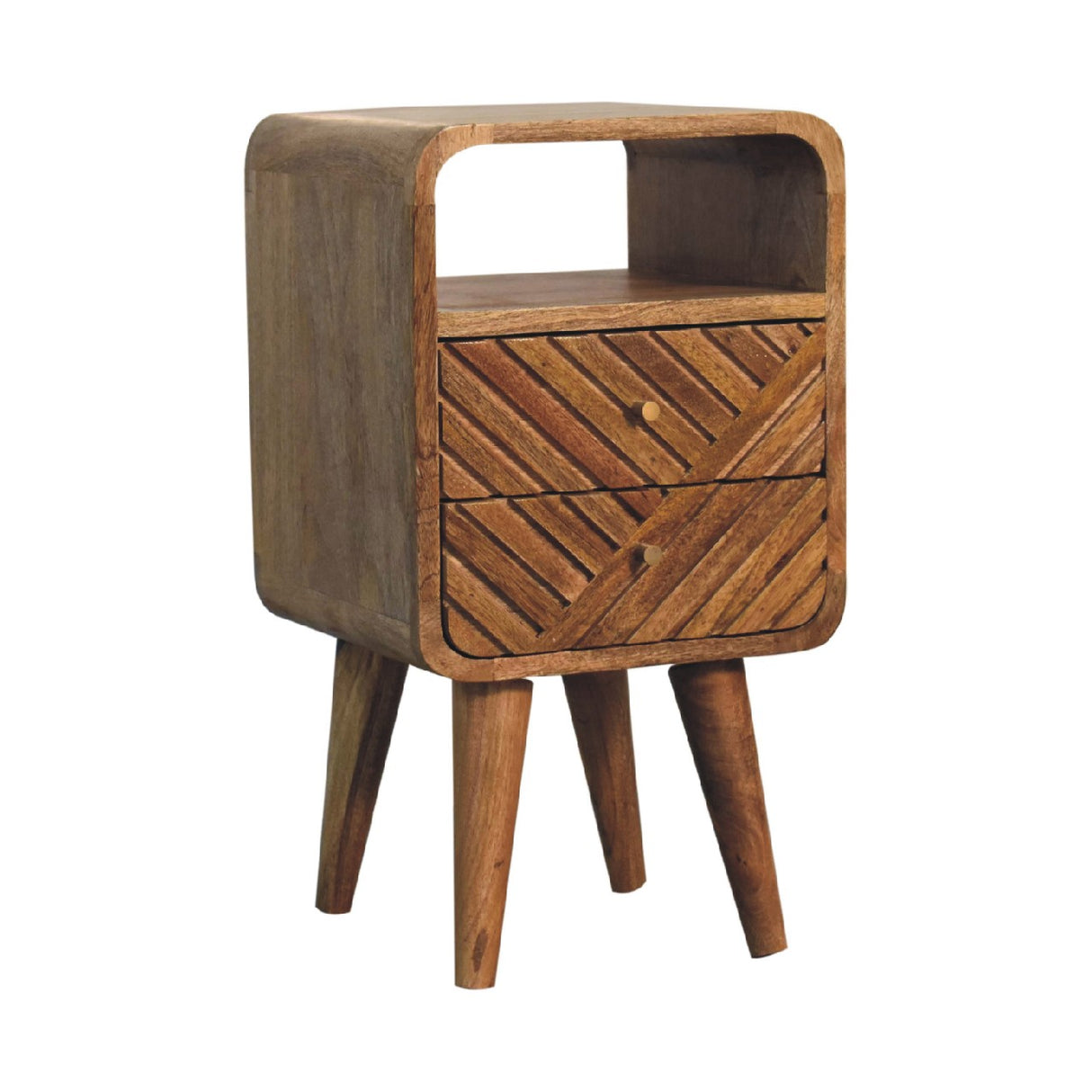 Solid Mango Wood Bedside Cabinet Mini Curved With 2 Drawers - Lille