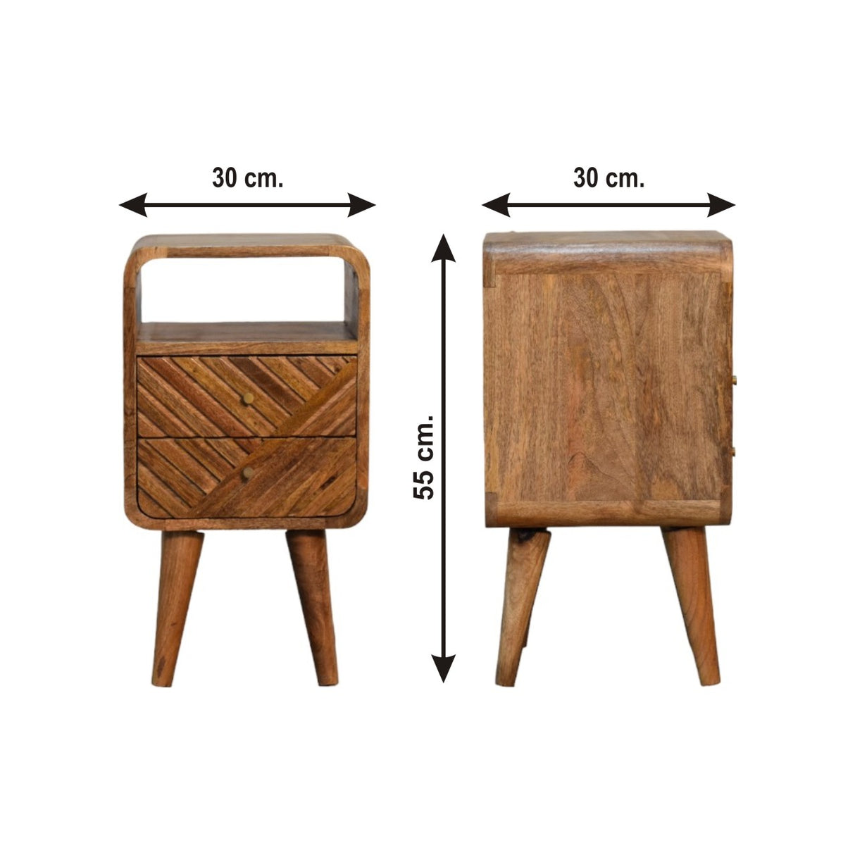 Solid Mango Wood Bedside Cabinet Mini Curved With 2 Drawers - Lille