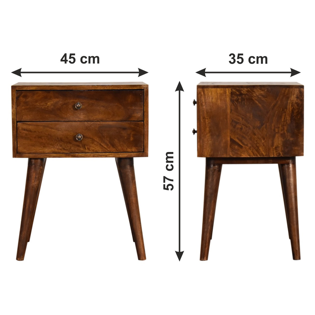 Solid Mango Wood Bedside Cabinet Modern With 2 Drawers - Birmingham
