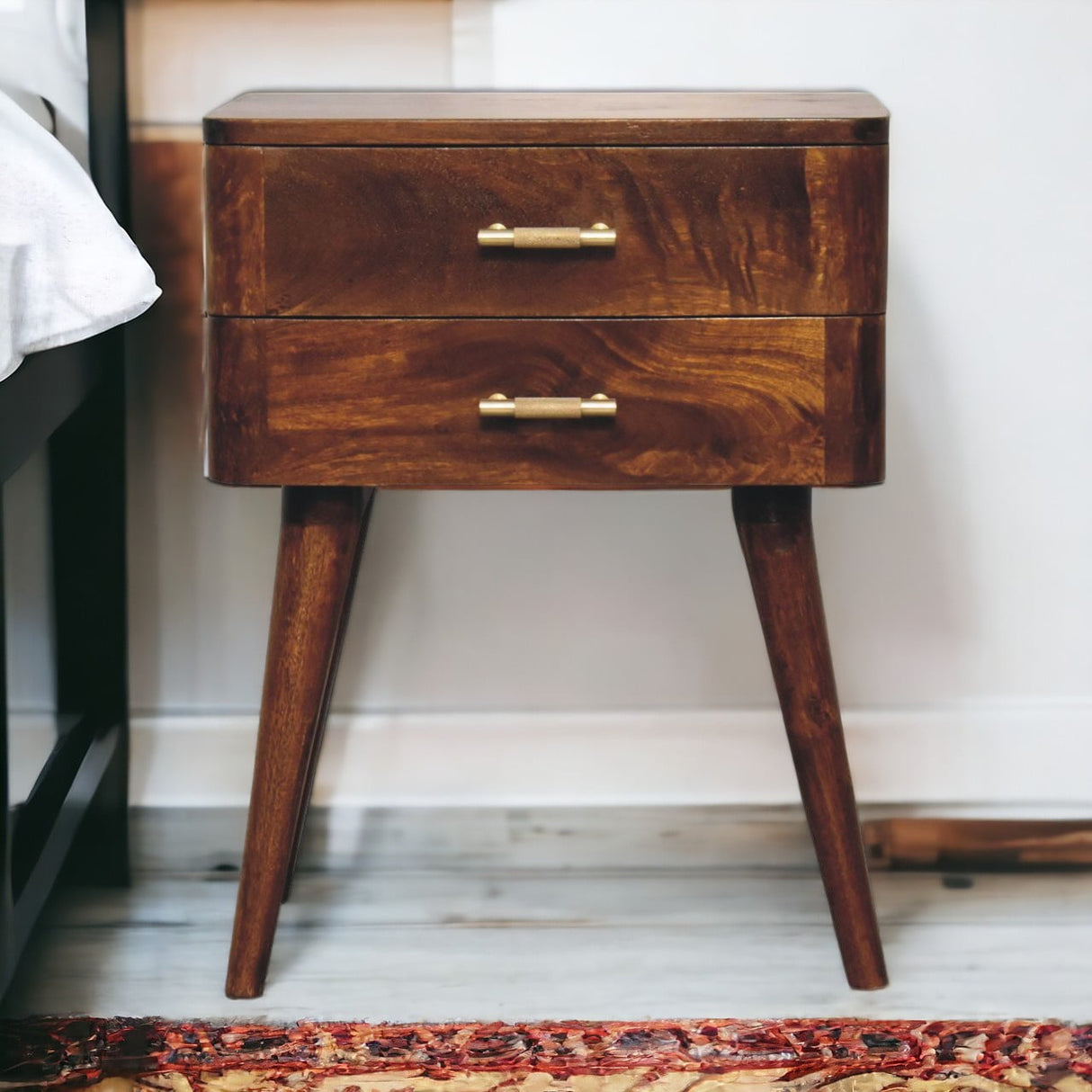 Solid Mango Wood Bedside Cabinet Nordic With T-Bar Handle - Birmingham