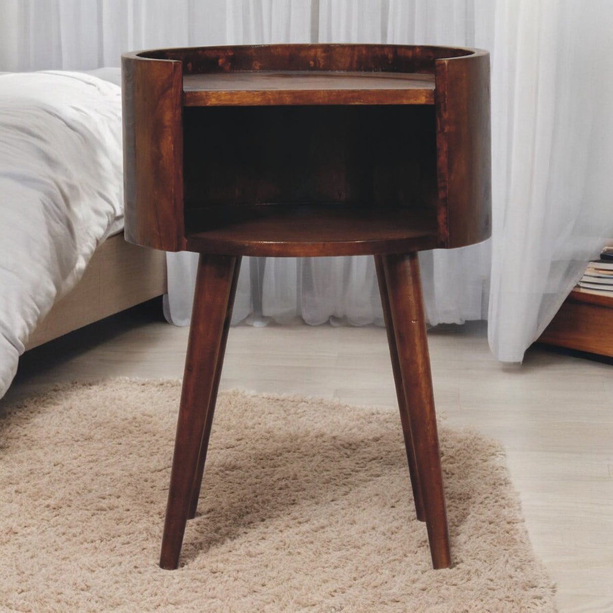 Solid Mango Wood Bedside Cabinet Round With Open Slot - Birmingham