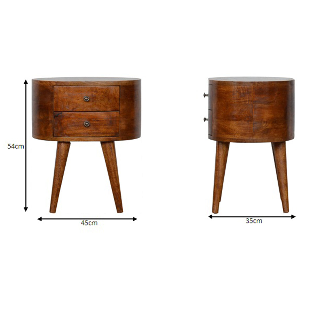 Solid Mango Wood Bedside Cabinet Rounded With 2 Drawers - Chester