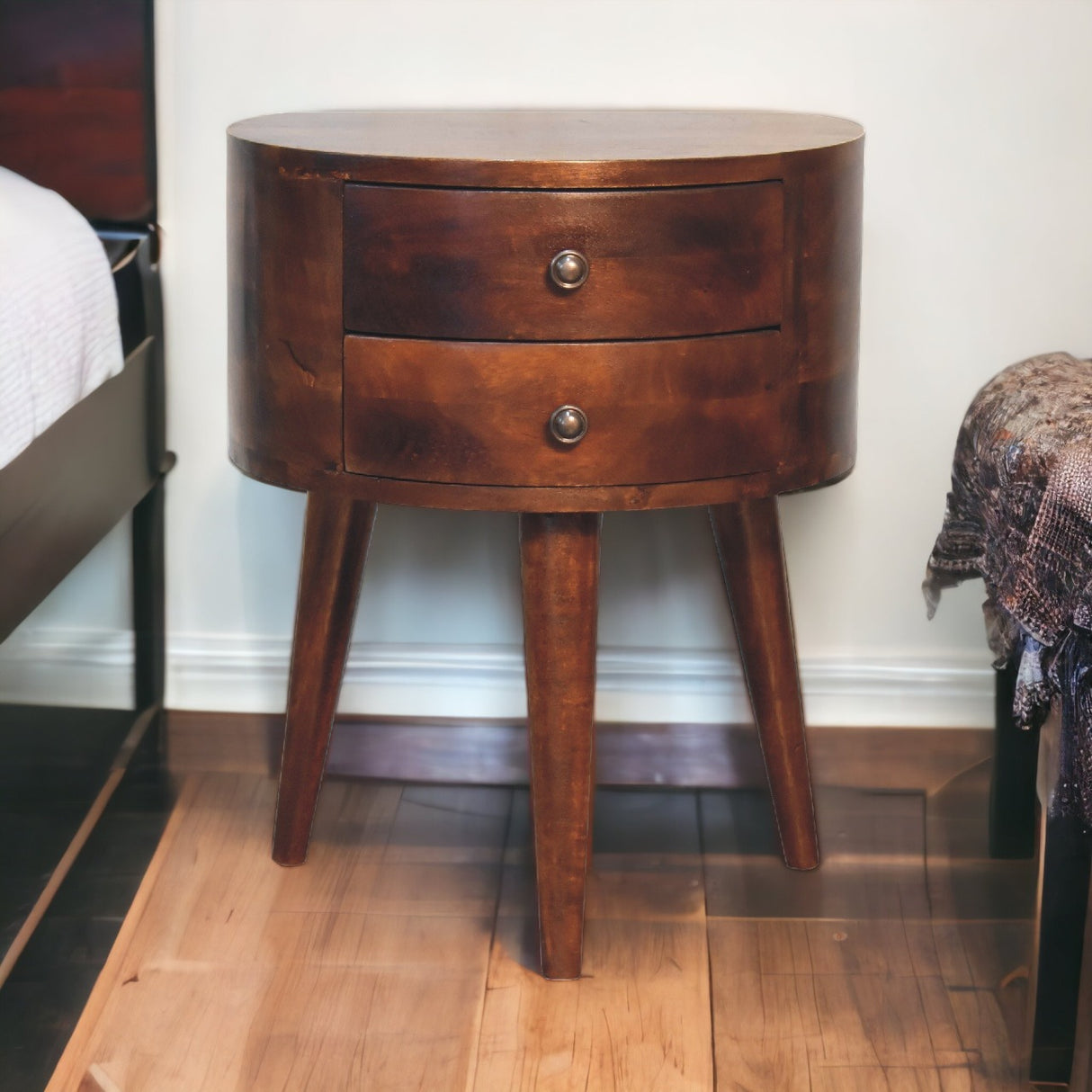 Solid Mango Wood Bedside Cabinet Tripod With 2 Drawers - Odyssey
