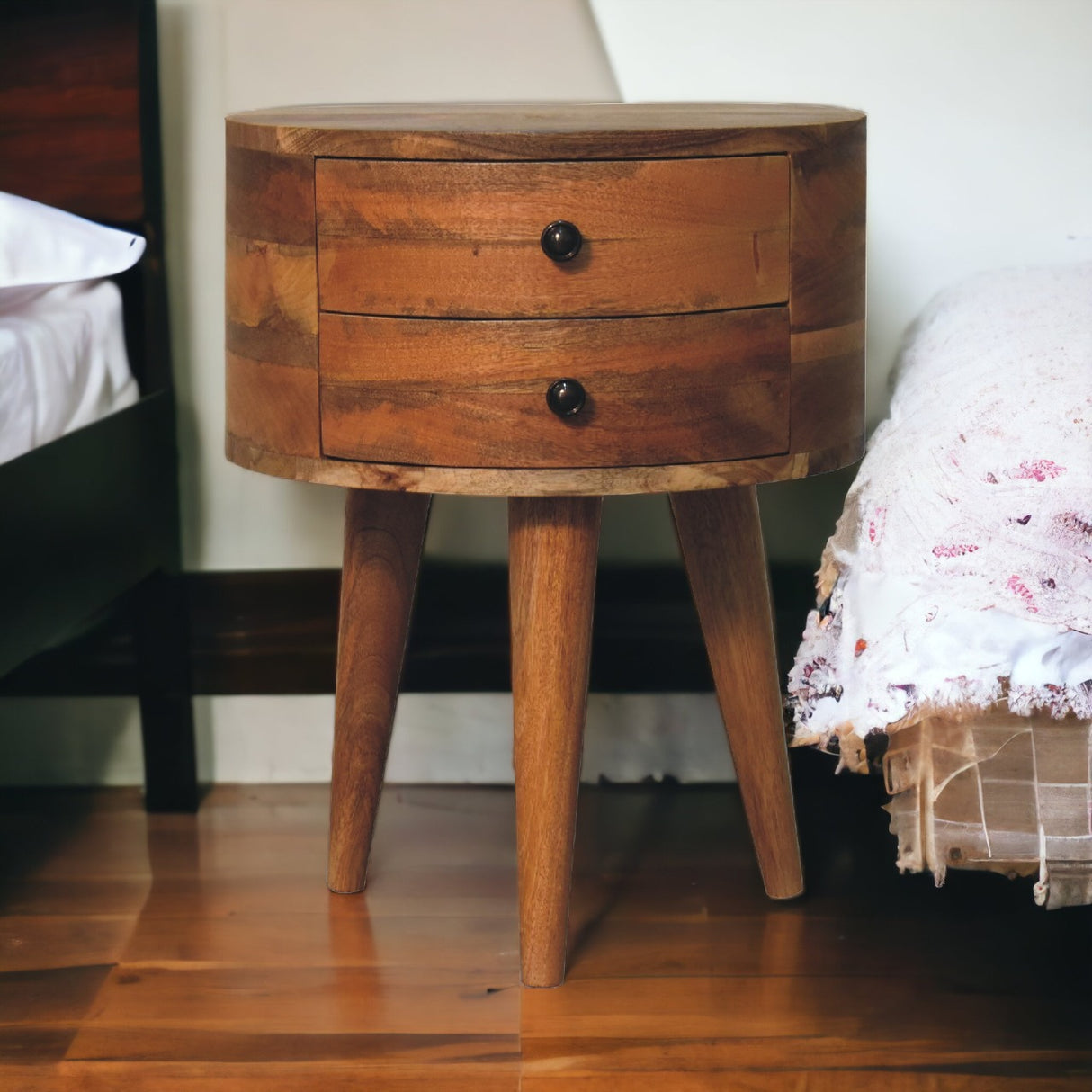 Solid Mango Wood Bedside Cabinet Tripod With 2 Drawers - Odyssey