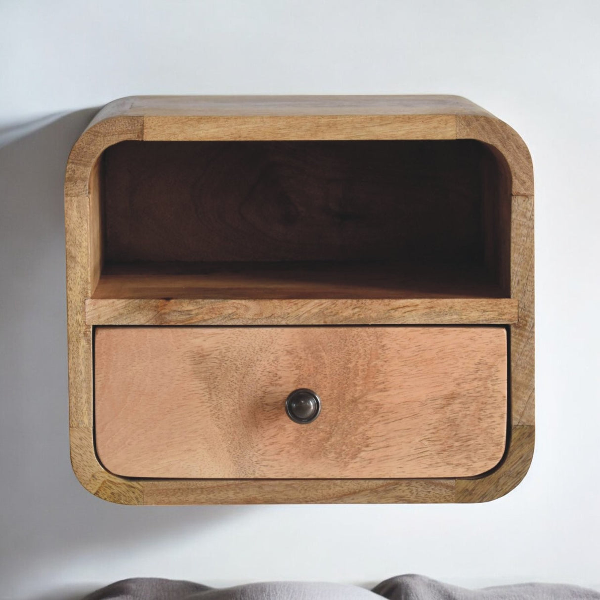 Solid Mango Wood Bedside Cabinet Wall Mounted With Open Slot - Exeter