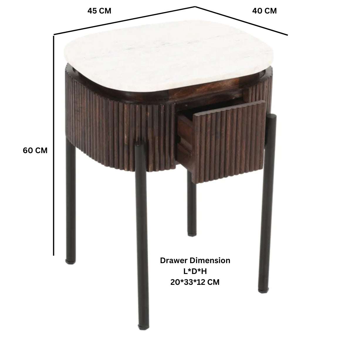 Solid Mango Wood Bedside Cabinet With White Marble Top - Opal