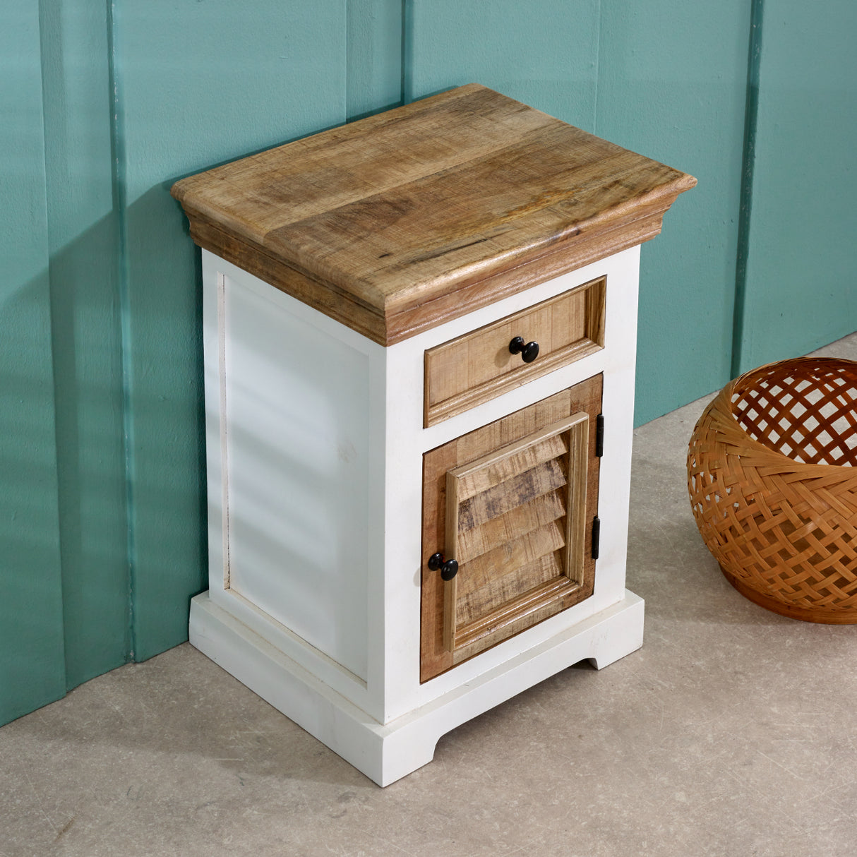 Solid Mango Wood Bedside Cabinet With 1 Door And 1 Drawer - Alfie