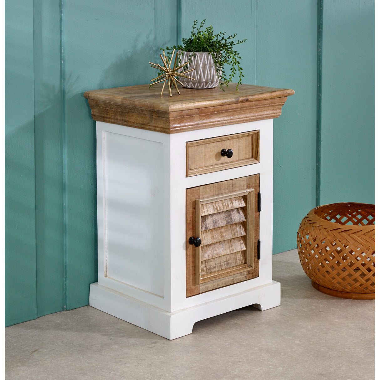 Solid Mango Wood Bedside Cabinet With 1 Door And 1 Drawer - Alfie