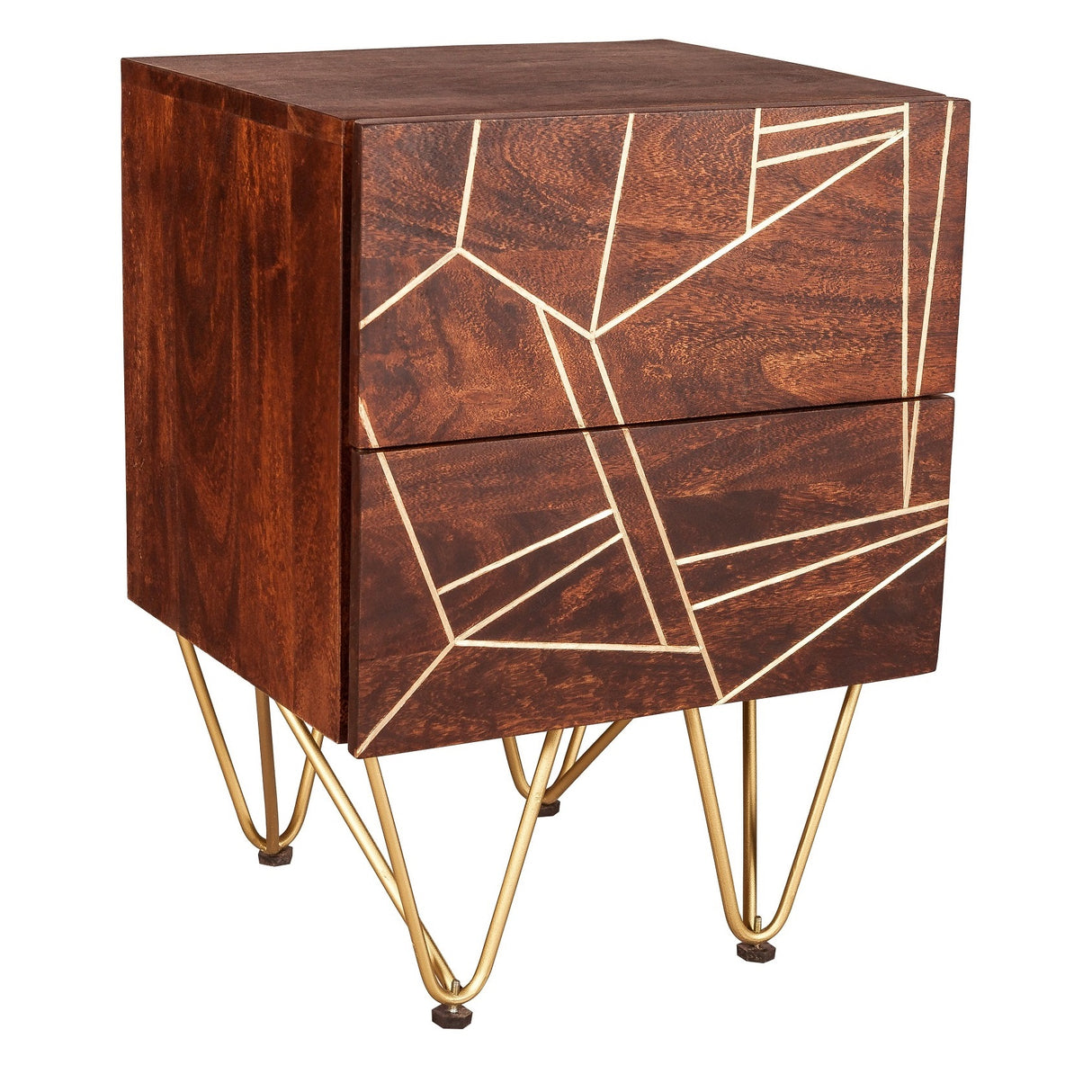 Solid Mango Wood Bedside Cabinet With 2 Drawers - Dark Gold