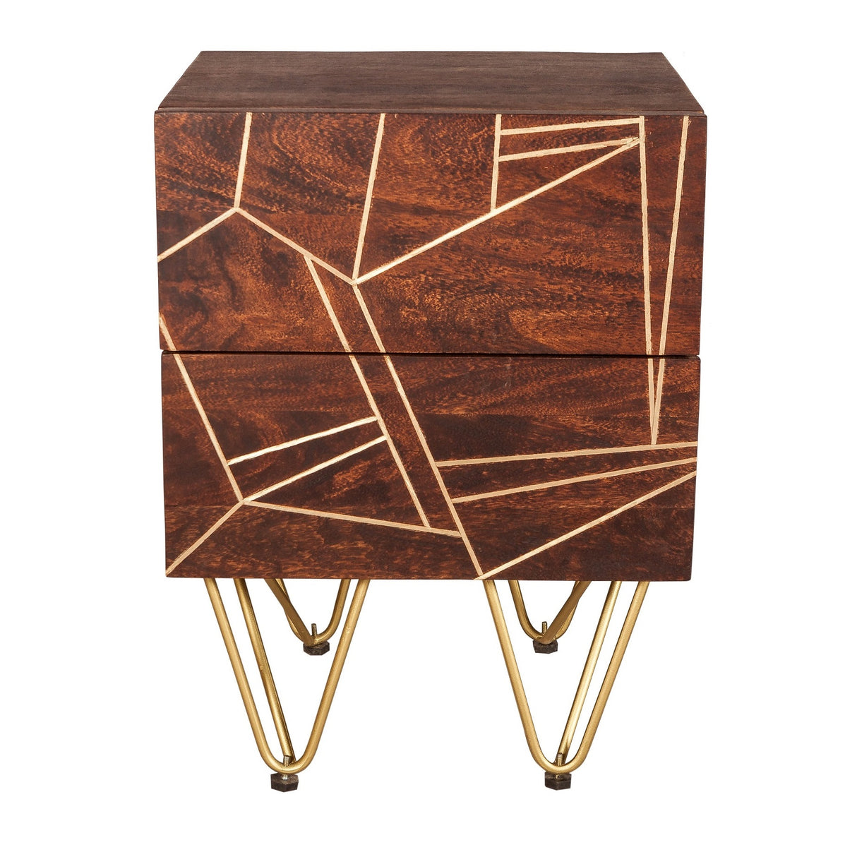 Solid Mango Wood Bedside Cabinet With 2 Drawers - Dark Gold