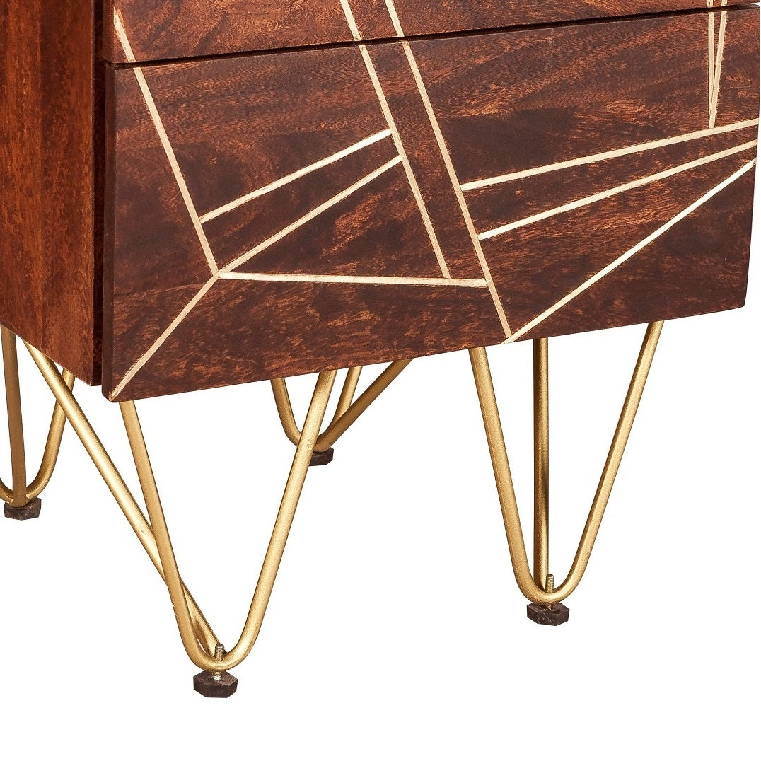 Solid Mango Wood Bedside Cabinet With 2 Drawers - Dark Gold