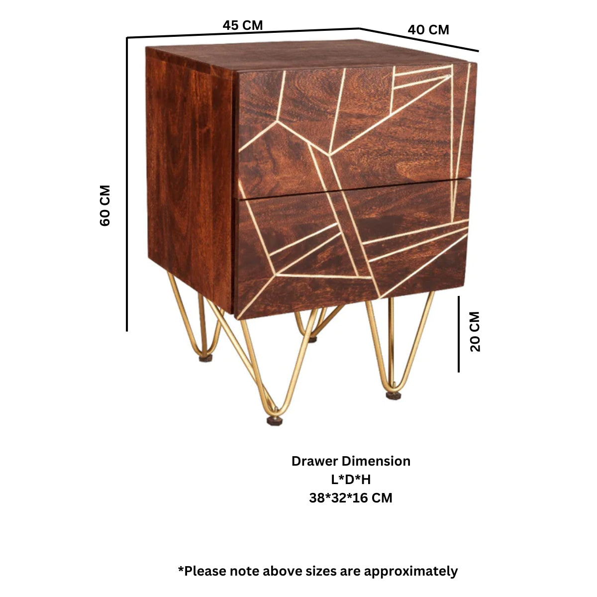 Solid Mango Wood Bedside Cabinet With 2 Drawers - Dark Gold