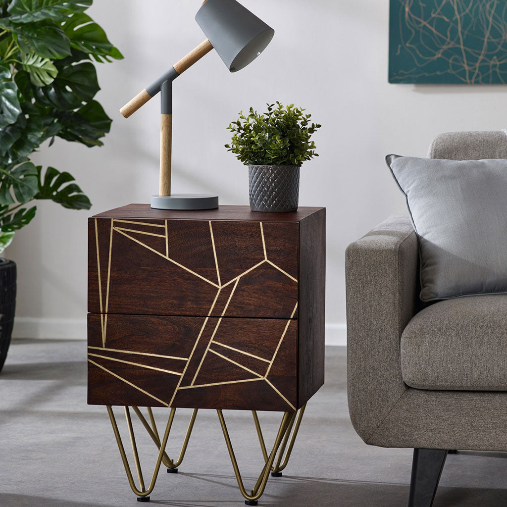 Solid Mango Wood Bedside Cabinet With 2 Drawers - Dark Gold