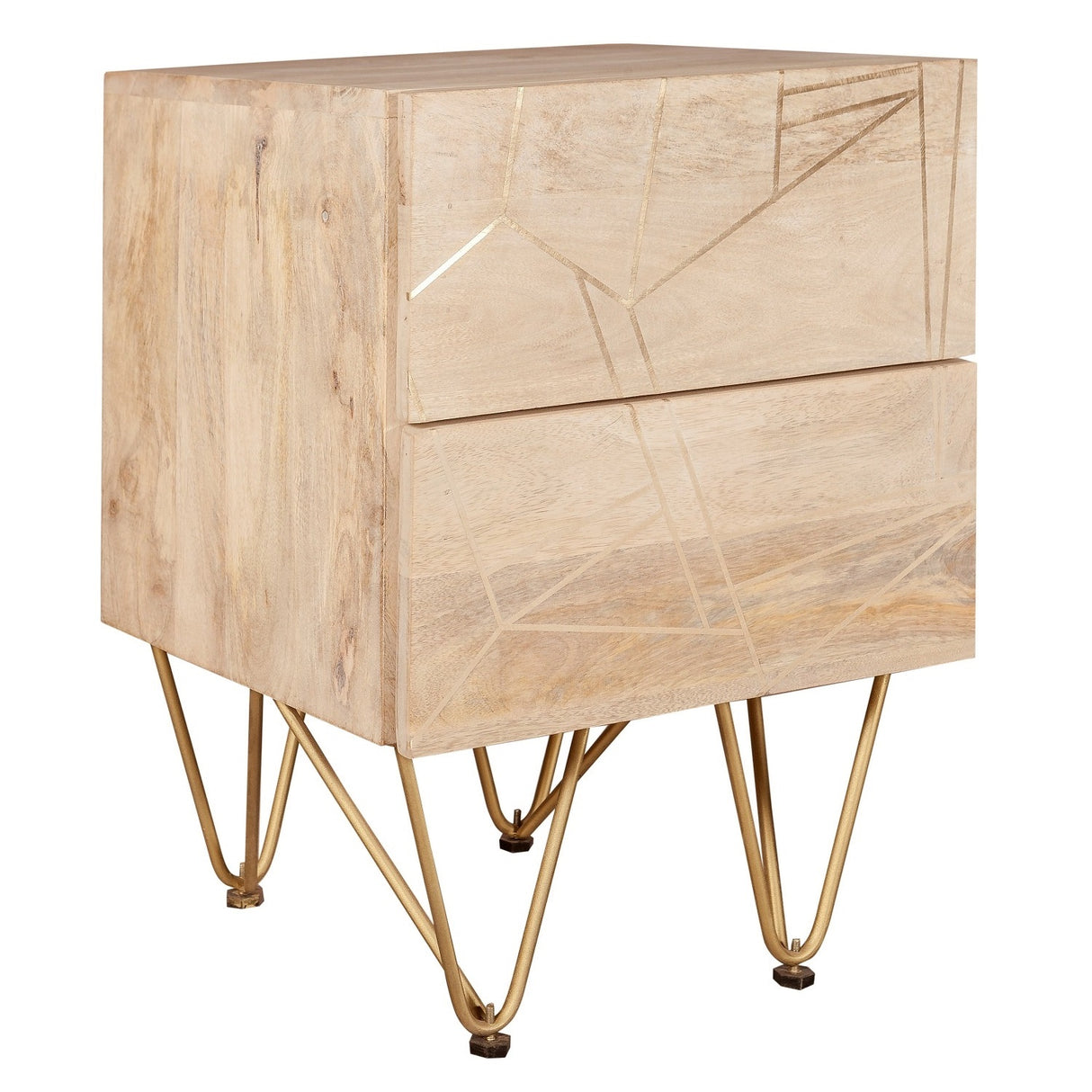 Solid Mango Wood Bedside Cabinet With 2 Drawers - Light Gold