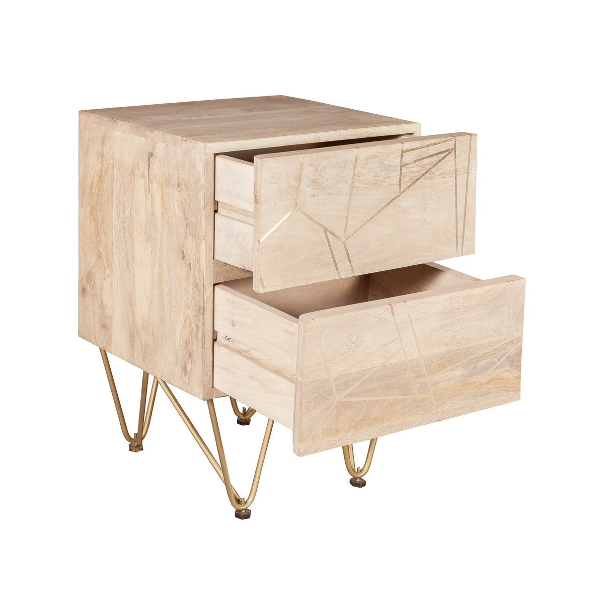 Solid Mango Wood Bedside Cabinet With 2 Drawers - Light Gold