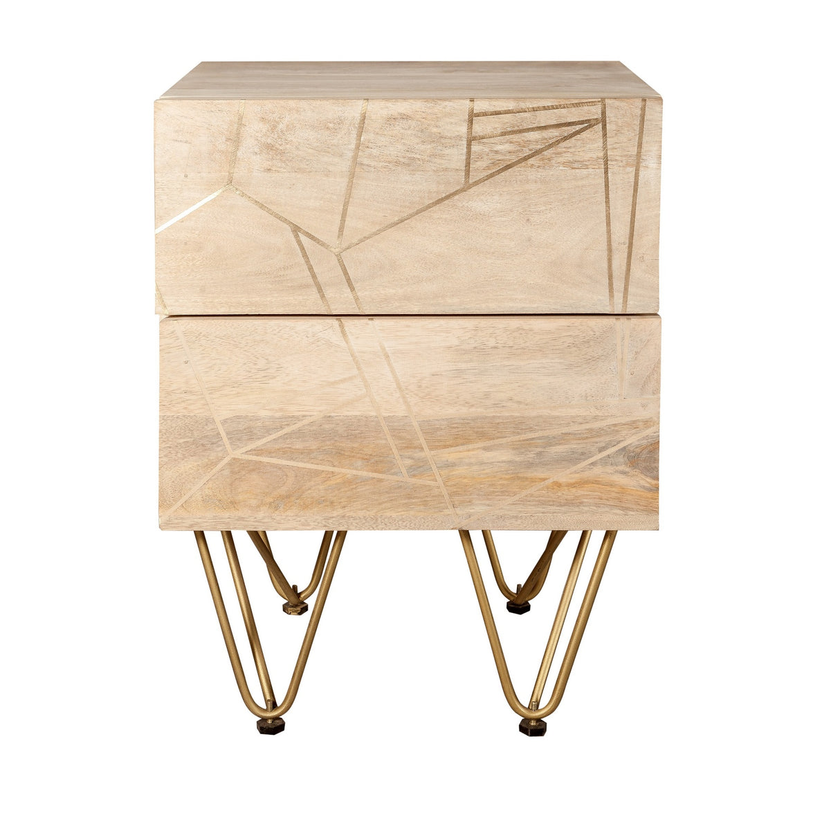 Solid Mango Wood Bedside Cabinet With 2 Drawers - Light Gold