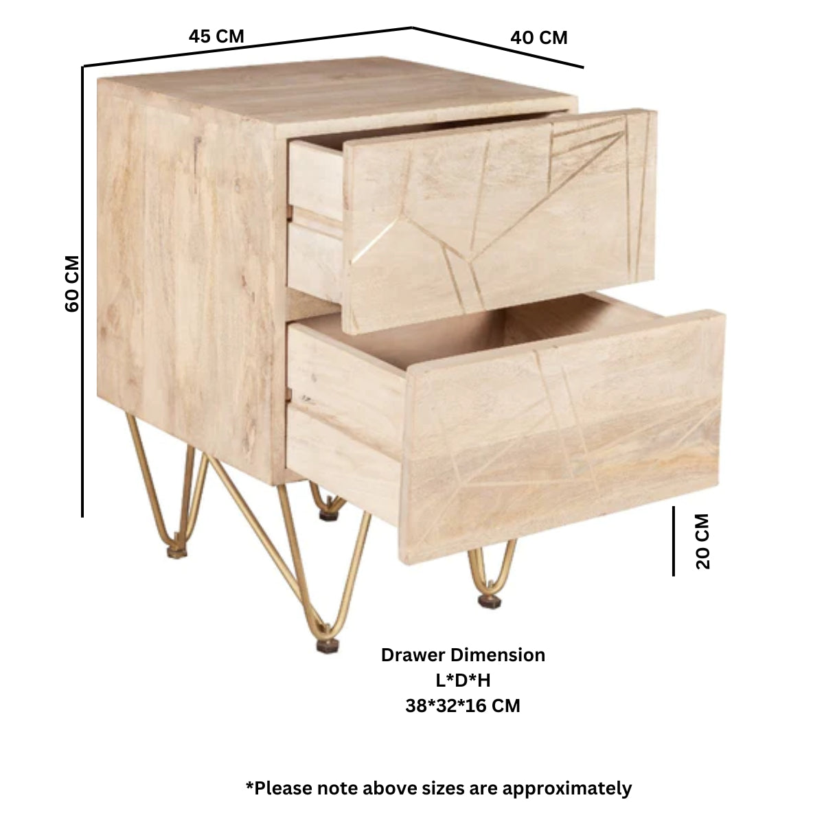 Solid Mango Wood Bedside Cabinet With 2 Drawers - Light Gold