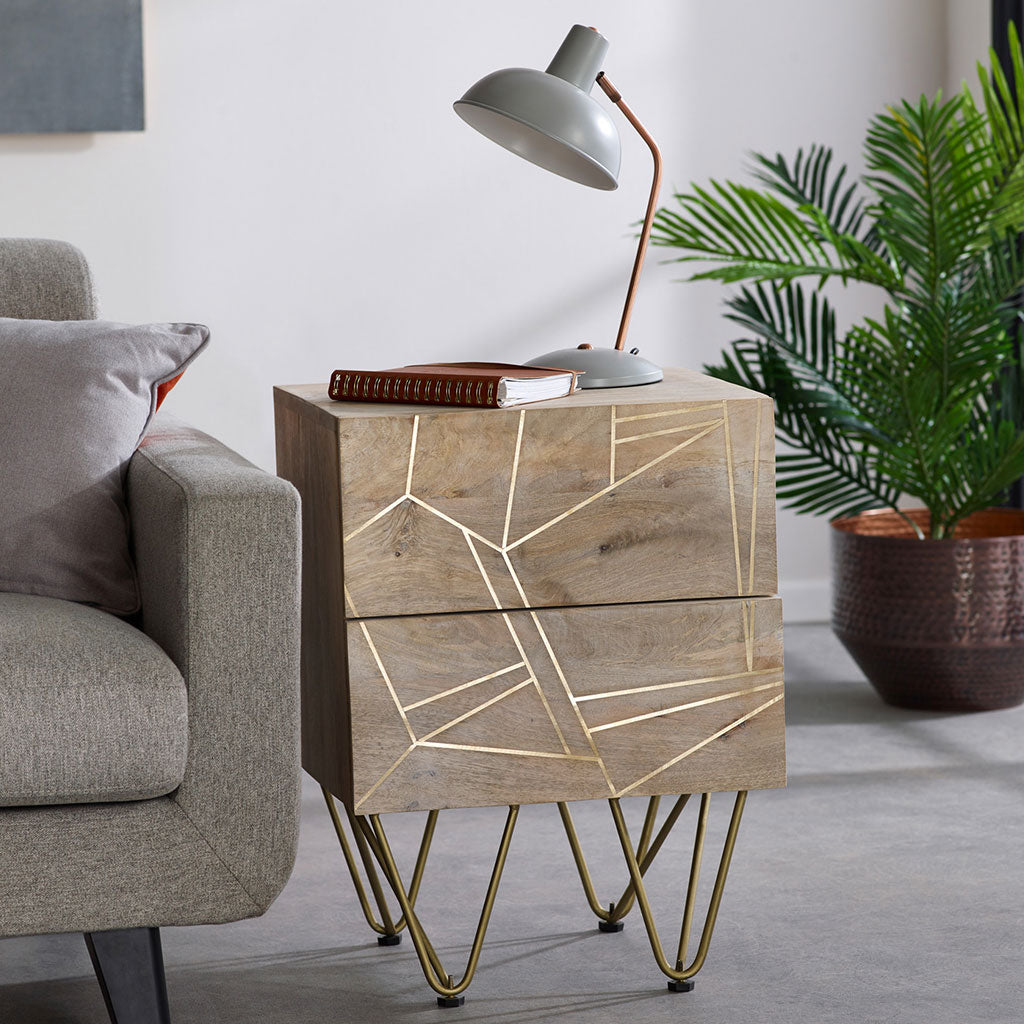 Solid Mango Wood Bedside Cabinet With 2 Drawers - Light Gold
