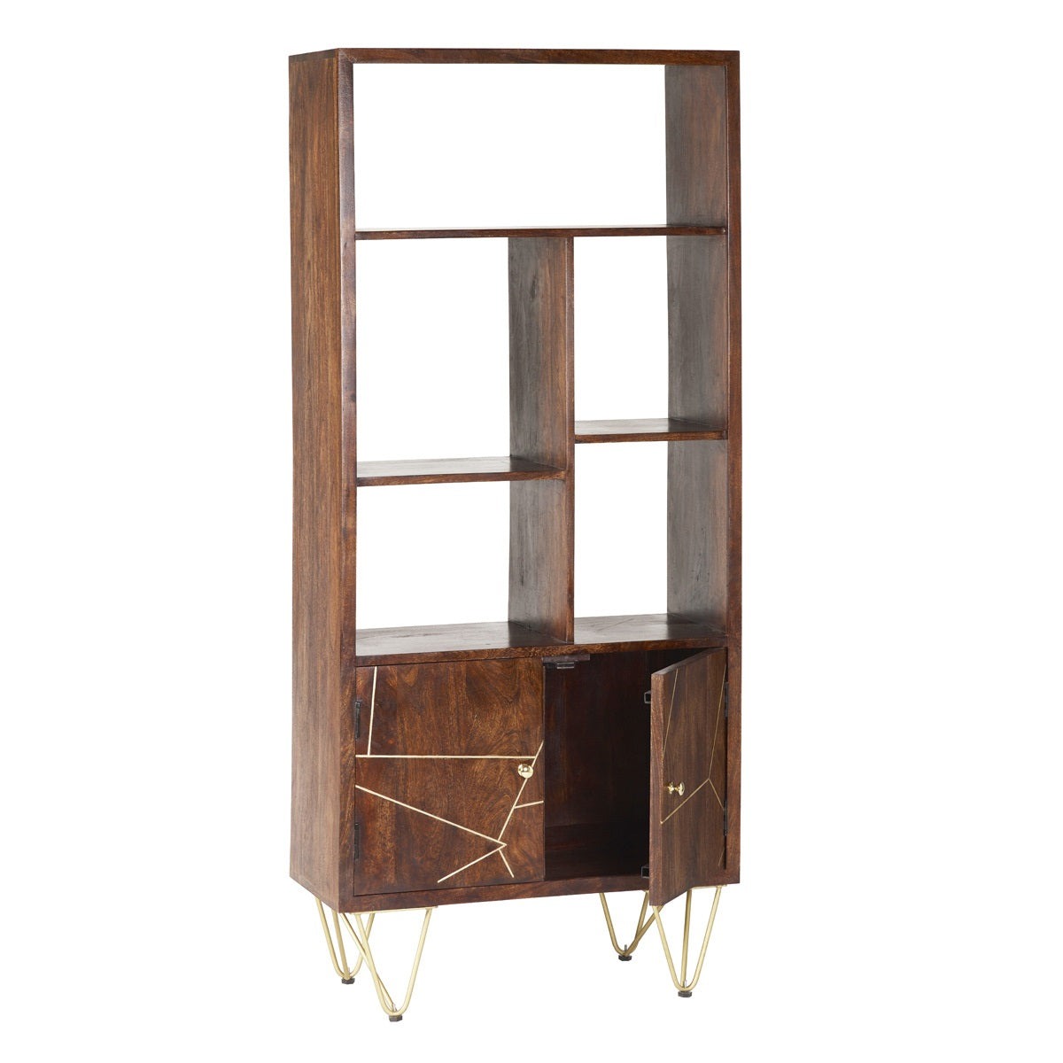 Solid Mango Wood Bookcase With 2 Doors And 5 Shelves - Dark Gold