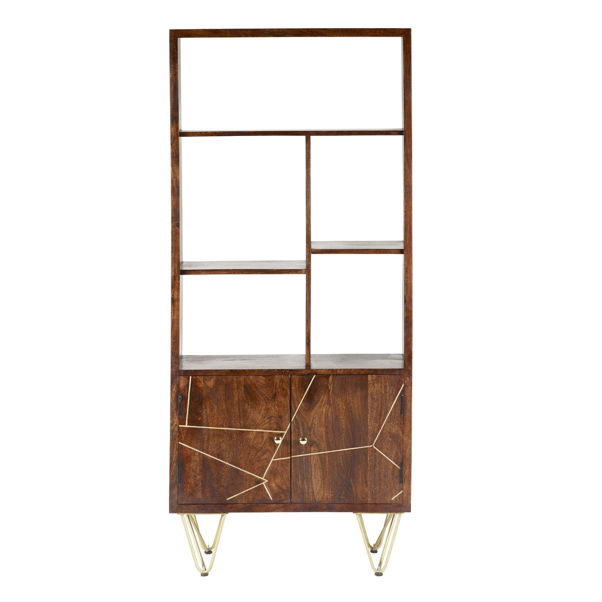 Solid Mango Wood Bookcase With 2 Doors And 5 Shelves - Dark Gold