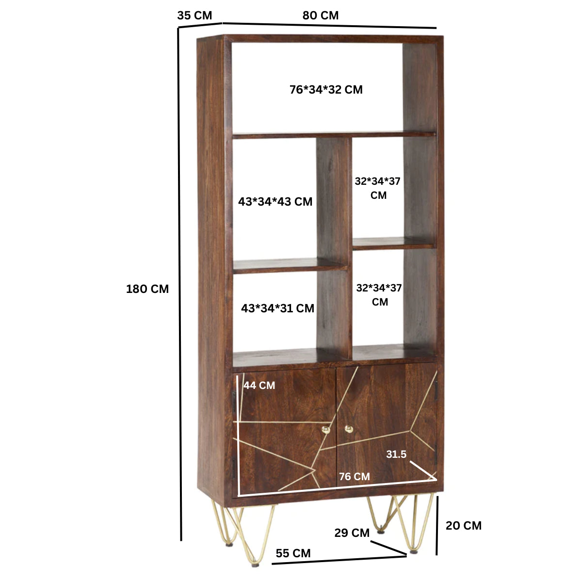Solid Mango Wood Bookcase With 2 Doors And 5 Shelves - Dark Gold