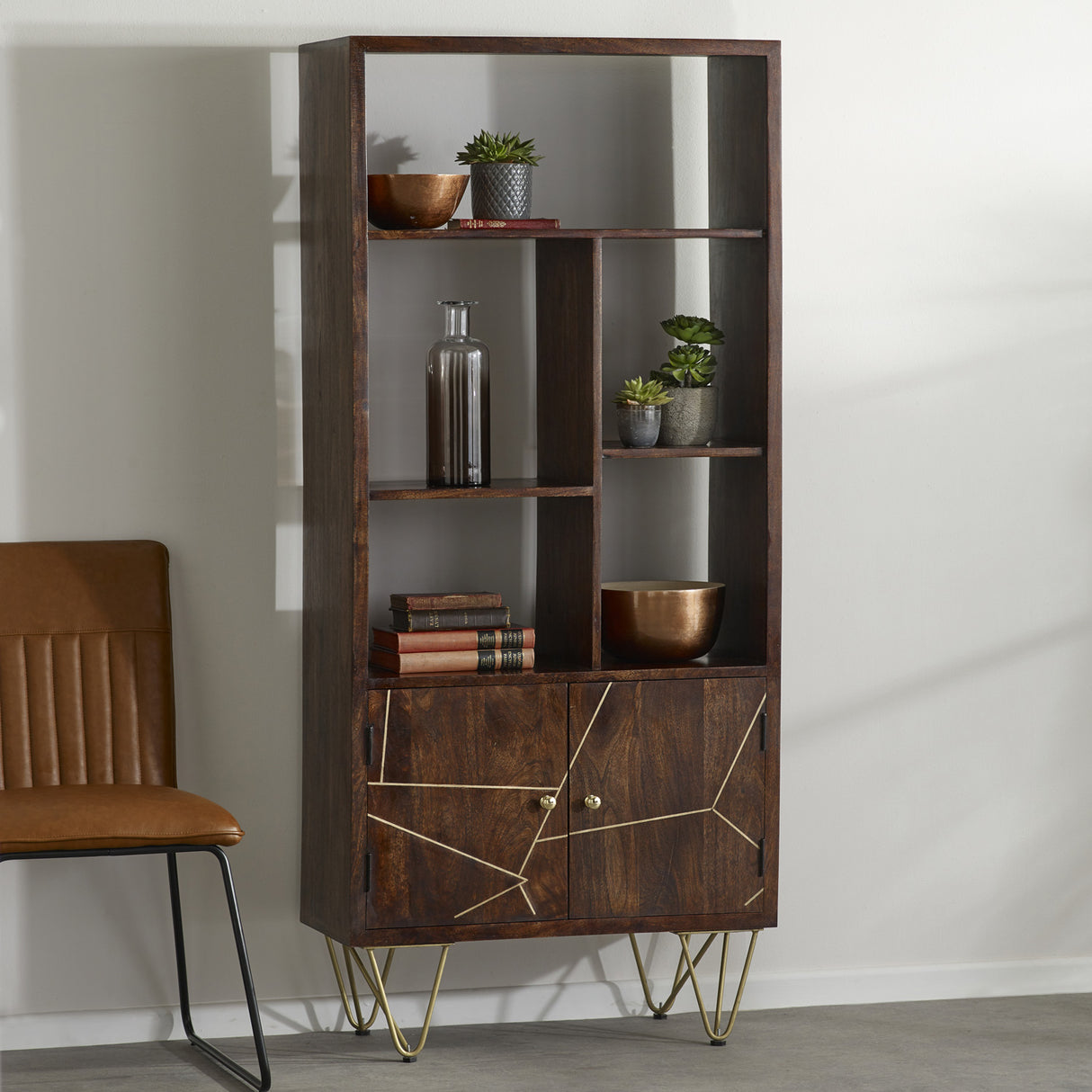 Solid Mango Wood Bookcase With 2 Doors And 5 Shelves - Dark Gold