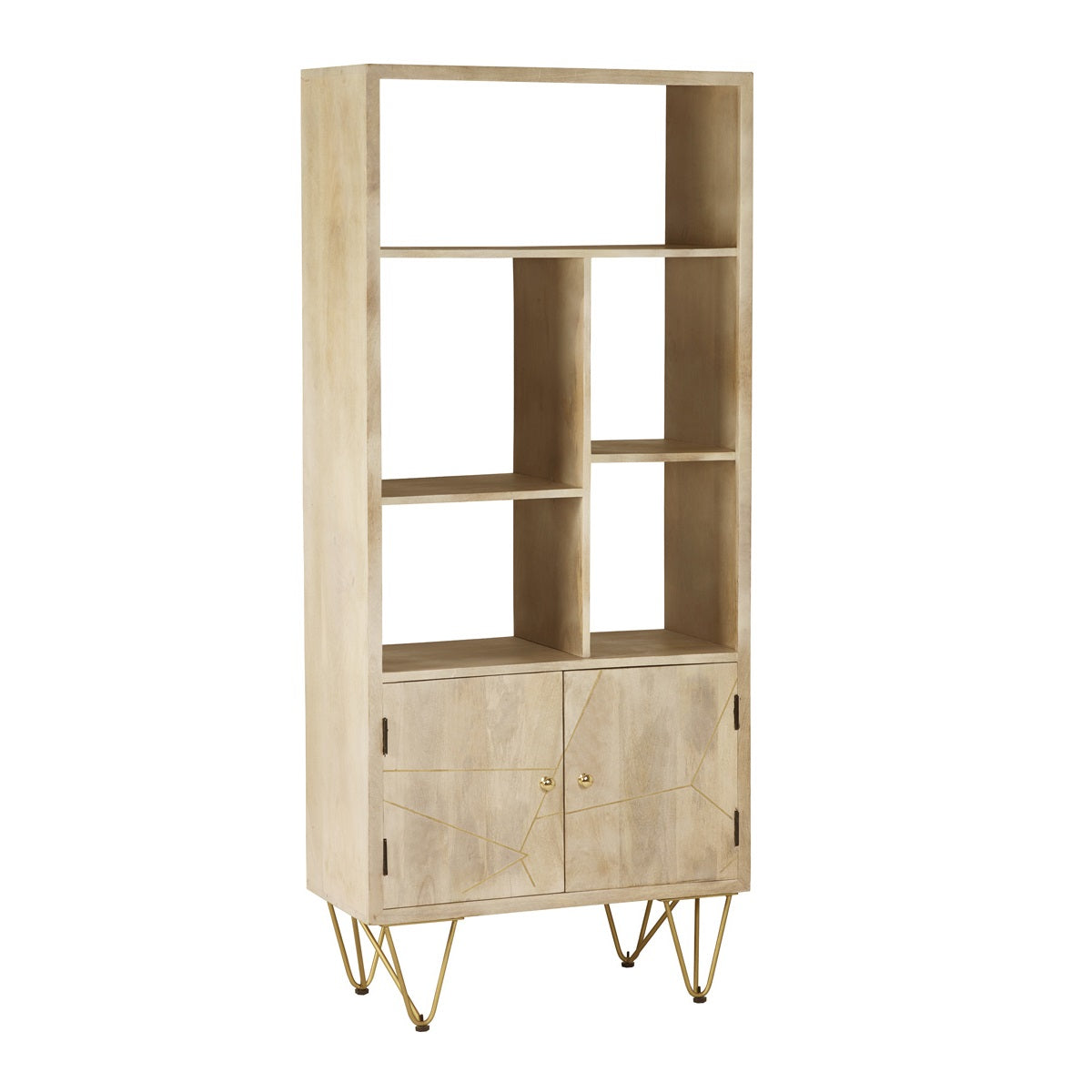 Solid Mango Wood Bookcase With 2 Doors And 5 Shelves - Light Gold