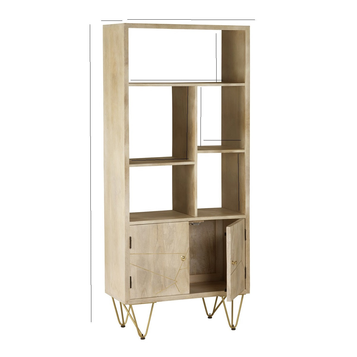 Solid Mango Wood Bookcase With 2 Doors And 5 Shelves - Light Gold