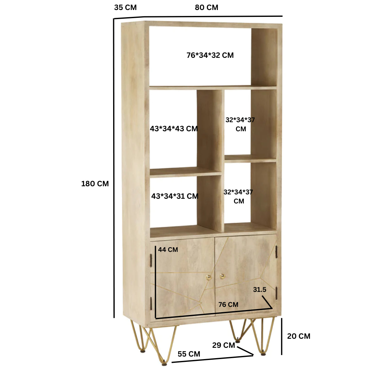 Solid Mango Wood Bookcase With 2 Doors And 5 Shelves - Light Gold