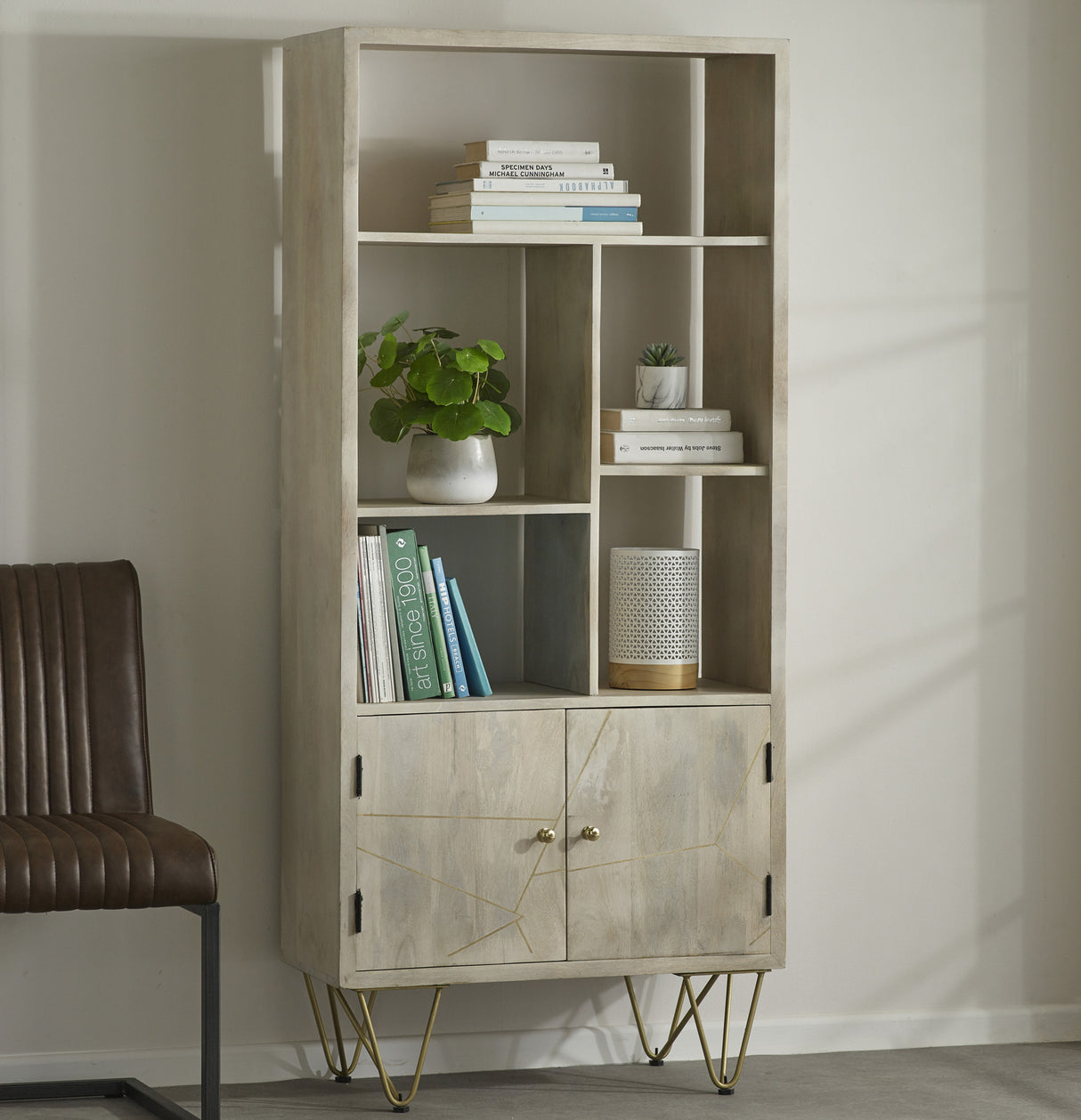 Solid Mango Wood Bookcase With 2 Doors And 5 Shelves - Light Gold