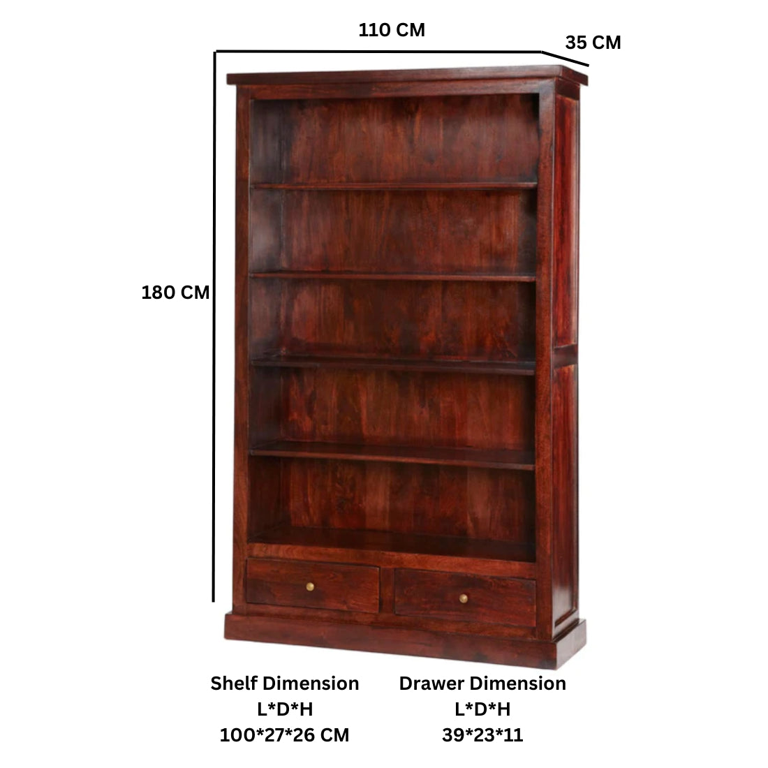 Solid Mango Wood Bookcase With 2 Drawers And 5 Shelves - Jaipur